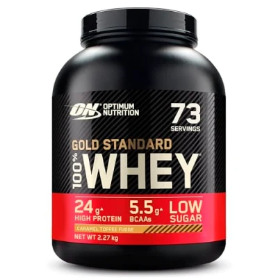 Image of Optimum Nutrition Gold Standard Whey Muscle Building and Recovery Protein Powder With Naturally Occurring Glutamine Amino Acids, Caramel Toffee Fudge, 73 Servings, 2.27kg, Packaging May Vary