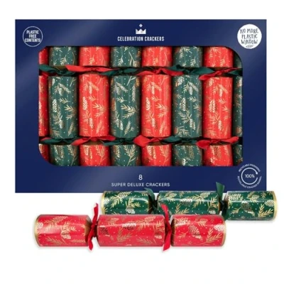 Image of Celebration Crackers 8 x 14 Inch Super Deluxe Christmas Red &amp; Green Pinecone Design, FSC Certified, Reusable Metal Gifts, Recyclable Packaging