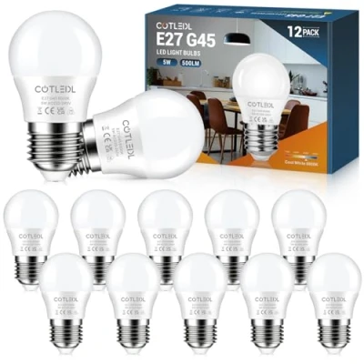 Image of COTLEDL E27 LED Bulbs 5W Edison Screw (ES) Bulb Equivalent 40W Incandescent, Cool White 6000K Energy Saving 500LM, G45 Golf Ball Light Bulb, Not Dimmable No Flicker Lamps, 12 Pack