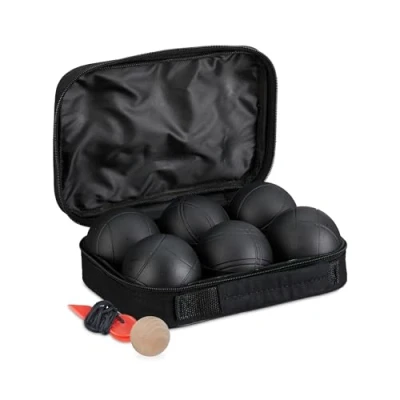 Image of Relaxdays Boules Set, 6 Steel Balls, with Target, Distance Measure &amp; Carrying Bag, Lawn Bowling, Outdoor Game, Black, Nylon, 16 x 23 8 cm