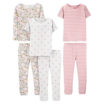 Image of Simple Joys by Carter&#039;s Girl&#039;s 6 Piece Snug Fit Cotton Pajama Set, Grey Dots/Pink Stripes/White Ditsy Floral, 3 Years (Pack of 3)