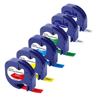 Image of Bigger Compatible Label Tape Replacement for LetraTag Plastic Tape, Black Print on White/Yellow/Red/Blue/Green/Clear Work LT 100T, XM, XR, 2000, QX50,12mm x 4m (6 Pack)