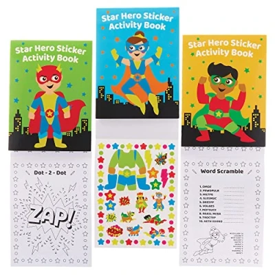 Image of Baker Ross FX733 Star Hero Sticker Activity Books Pack of 8, Book Party Bag Fillers for Kids