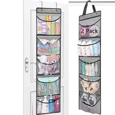 Image of devesanter Hanging Storage 2 Pack Over The Door Organiser with 5 Pockets for Closet,Wardrobe Shelves Toys Bedroom Bathroom (Grey)