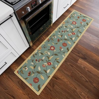Image of Ottomanson Ottohome Collection Contemporary Leaves Design Rubberback Runner Rug , 57 cm x 210 cm, Seafoam