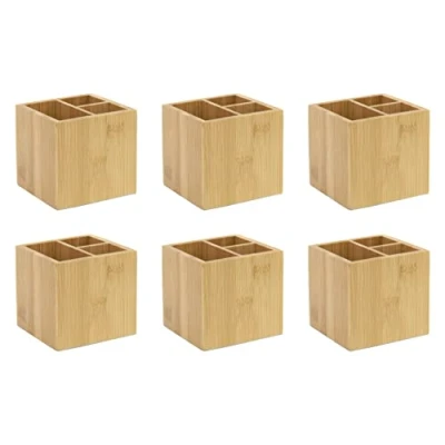Image of OSCO Bamboo Square Pen Pot with 3 Compartments 6 Pack Wood Pencil Holder Desk Tidy Office Organiser Makeup Storage Cosmetics Display H10 x W10.5 D10.5 cm