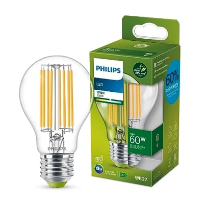 Image of Philips LED Ultra Efficient Light Bulb A Label Energy Rating [White 3000K E27 Edison Screw] 40W A60 Clear for Indoor Home Lighting.