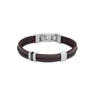 Image of Fossil Men&#039;s Casual Stainless Steel and Genuine Leather Bracelet for Men, One Size, Leather, no gemstone