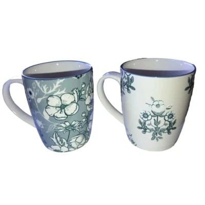 Image of Kaemingk Set of 2 Floral Tea Rose Cottage Garden Design Ceramic Mugs Blue &amp; White 10 cm