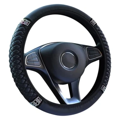 Image of VidFair Steering Wheel Cover,Universal Size M 37 38cm /14.5 15inch Bling Soft Microfiber Leather Auto Elastic Protector,Car Accessories for Most Cars Black