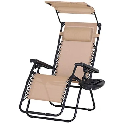 Image of Outsunny Foldable Reclining Garden Chair with Headrest, Zero Gravity Deck Sun Lounger Seat Footrest, Armrest, Cup Holder &amp; Canopy Shade, Beige