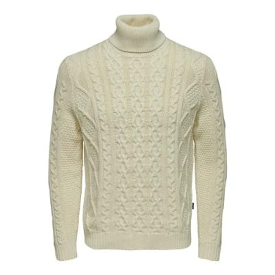 Image of ONLY &amp; SONS Men&#039;s Onsrigge Reg 3 Cable Roll Neck Knit Jumper, Antique White, L
