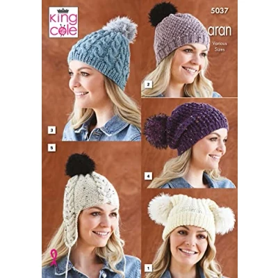 Image of King Cole 5037 Knitting Pattern Womens Hats in Merino Blend Aran and Fashion