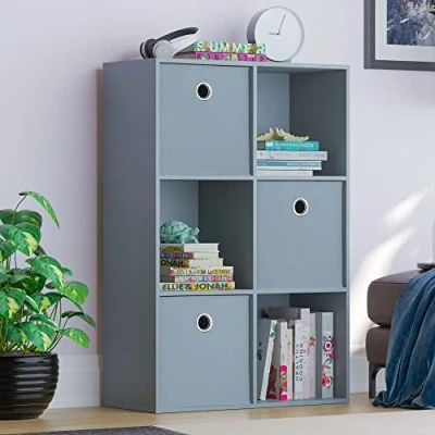 Image of Vida Designs Durham Cube Bookcase Storage Organiser Living Room Bookshelf Home Office Furniture (6 &amp; 3 Grey Baskets, Grey)