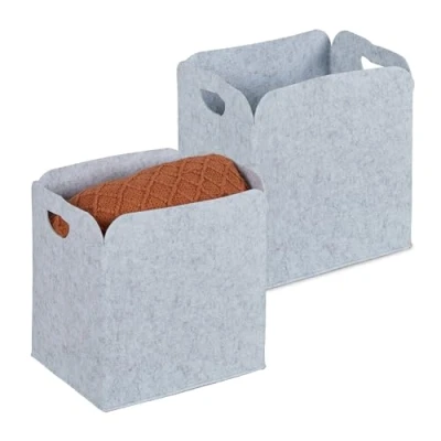 Image of Set of 2 Felt Storage Baskets, Side Handles, Foldable, Soft, Fabric Organiser Box, hwd: 36x36x27cm, Light Grey Relaxdays