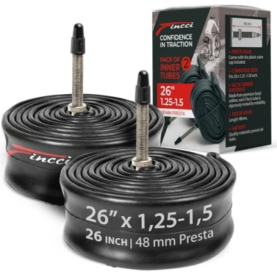 Image of Fincci Pair 26 x 1.25 1.50 Inch 48mm Presta Valve Inner Tubes for Mountain MTB Road Hybrid Bicycle Bike (Pack of 2)