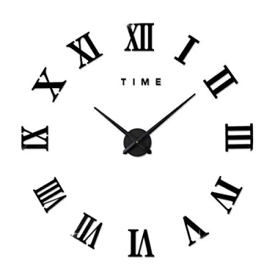 Image of FAS1 Modern DIY Large Wall Clock Big Watch Decal 3D Stickers Roman Numerals Home Office Removable Decoration for Living Room Black (Battery NOT Included)