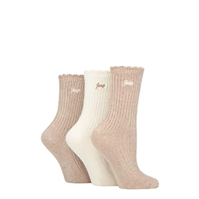 Image of Women&#039;s 3 Pair Jeep Bamboo Scalloped Top Socks Taupe / Cream 4 8 Ladies