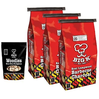 Image of Big K Barbecue Grill Charcoal Bulk Pack of 3 x 3kg Real Lumpwood Bags &amp; Woodies Wood Wool Firelighters 300g with Topline Card for Outdoor Barbeque, Fire Pit, Camping BBQs.