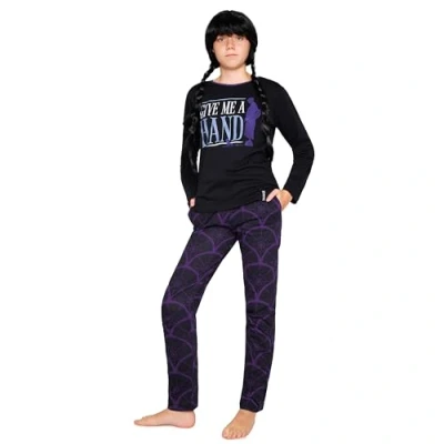 Image of Wednesday Girls Pyjamas Nightwear Long Sleeve &amp; Bottoms PJs Lounge Set for and Teenagers 7 16 Years Gifts (Black/Hand, 13 14 Years)