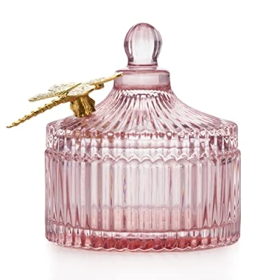 Image of AmeliaHome Glass Storage Box with Lid Cosmetic Dragonfly Powder Pink 10.5 x 11.9 cm