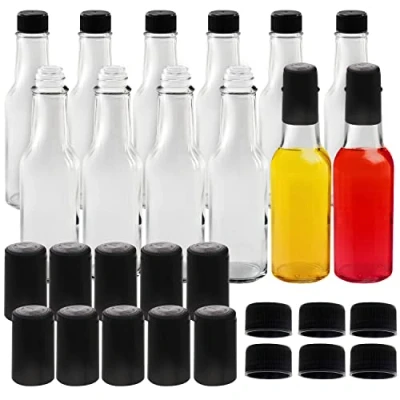 Image of BELLE VOUS Pack of 12 Clear Glass Hot Sauce Bottles 150ml / 5oz Condiment with Caps &amp; Heat Shrink Capsule Lids Woozy for Sauces, Oil, Liquor, Vinegar, Salad Dressings More
