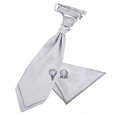 Image of DQT Men Plain Satin Wedding Cravat &amp; Pocket Square + Cufflinks Self Tied, Silver