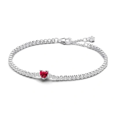 Image of Pandora Timeless Heart sterling silver tennis bracelet with red crystal and clear cubic zirconia, 16