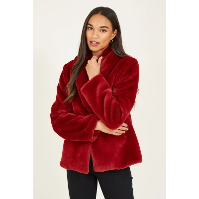 Image of Yumi Red Short Wrap Faux Fur Coat 20