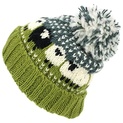 Image of LOUDelephant Chunky Wool Knit Beanie Bobble Hat with Sheep Design Green