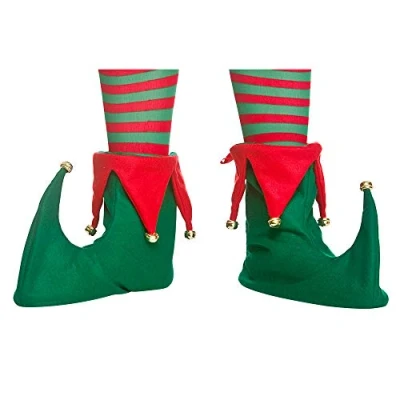 Image of Wicked Costumes Adult Green/Red Elf Boots with Bells Christmas Fancy Dress