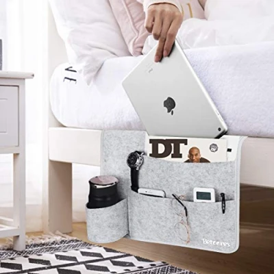 Image of Betoores Bedside Storage Bag, Felt Hanging Organizer Bag Anti Slip, Magazine Phone Remote Holder for Home Bedroom, Living Room, Dorm Desk Grey