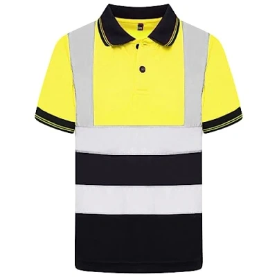 Image of DURUS WORKWEAR Kids Unisex Hi Vis Short Sleeve Polo Shirt Reflective Two Tone Safety Work Top Yellow/Navy