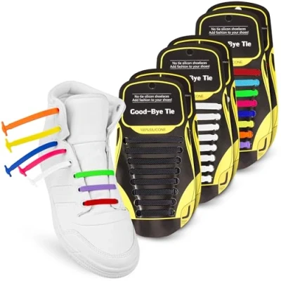 Image of SULPO Silicone Shoelaces, 16pc No Tie, Elastic, Rubber Laces for All Shoes, Children &amp; Adults Black, White, Rainbow