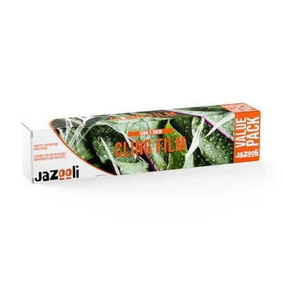 Image of Jazooli Cling Film 100m x 300mm All Purpose Food Wrap Clingfilm Roll, Catering &amp; Service Extra Long Dispenser Suitable for Fridge, Freezer and Microwave