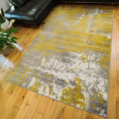 Image of Ochre Grey Abstract Small Area Rug Distressed Painterly Lounge Living Room Bedroom Hallway Rugs 80cm x 150cm