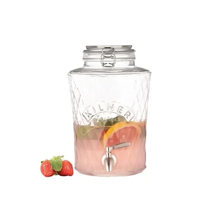 Image of Kilner Diamond Drinks Dispenser 5 Litre Glass Beverage Server with Stainless Steel Tap, Airtight Clip Top Lid &amp; Silicone Seal, Ideal for Juices, Cocktails Infused