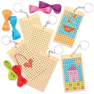Image of Baker Ross AT805 Cross Stitch Key Rings Make Your Own Colourful Keyring Charms, Arts and Crafts for Kids (Pack of 3), Blue,Green,Orange,Pink,Purple,Red