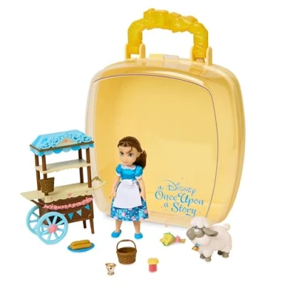 Image of Disney Store Official Disney’s Once Upon a Story Belle Mini Doll Playset, Beauty and the Beast, 9 Pc., Toy Figure Set with Accessories, Including Food Cart, Chip Sheep Suitable for Ages 3+