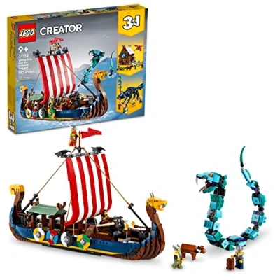 Image of LEGO Creator 3 in 1 Viking Ship and The Midgard Serpent, Transforms from Amazing to House or Fenris Wolf Figure, Gifts for Kids, Boys, Girls, 31132
