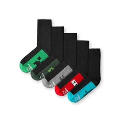 Image of Minecraft Boys Socks Set of 5 Childrens Back to School Calf with Creeper, Diamond Sword and TNT Print in Black Kids Pack for Gamers Mojang Games Merchandise Gift