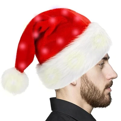 Image of LED Hat Funny Plush Santa Light Up Hats for Kids Adults Built in Lights Red Claus Classic Cosplay Hat, Adults,