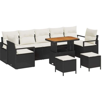 Image of vidaXL 10 Piece Garden Sofa Set with Cushions Black Poly Rattan Acacia