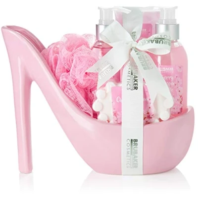 Image of BRUBAKER Cosmetics Luxury Cherry Blossom Beauty Set 6 Piece Bath and Shower Gift in Ceramic Stiletto Pink