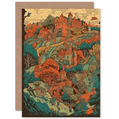 Image of Artery8 Village in Forest Coral and Teal Blue Illustration Travel Birthday Sealed Greeting Card Plus Envelope Blank inside