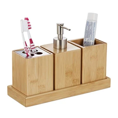 Image of Relaxdays Bathroom Accessories Set, 4 Piece, Bamboo &amp; Steel, Soap Dispenser, Toothbrush Holder, Tumbler, Tray, Natural, Stainless 18 x 25 9.5 cm