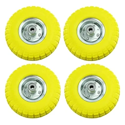 Image of SPARES2GO 10&quot; 4.10/3.50 4 Solid Yellow Rubber Wheelbarrow Tyre &amp; Axle Wheel Bearing for Cart Barrow Trolley (Pack of 4)