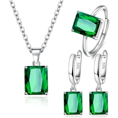 Image of FDEETY Jewelry Sets for Women Rhinestone Crystal Necklace Adjustable Ring Drop Dangle Earrings Set Gifts Bridesmaid Costume Dress Prom (Green)