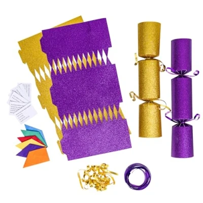 Image of evelay 12 Make Your Own Christmas Cracker Kit DIY Purple &amp; Gold Glitter Crackers Hats Snaps Jokes (Purple, Gold)