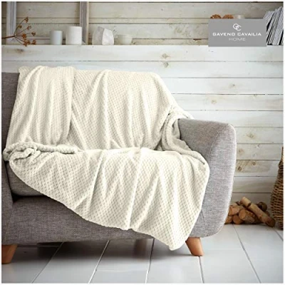 Image of GC GAVENO CAVAILIA Popcorn Honey Comb Sofa Bed Blanket, Fluffy Lightweight Throw Blankets, Cosy Warm Settee Waffle Over, Cream, 150X200